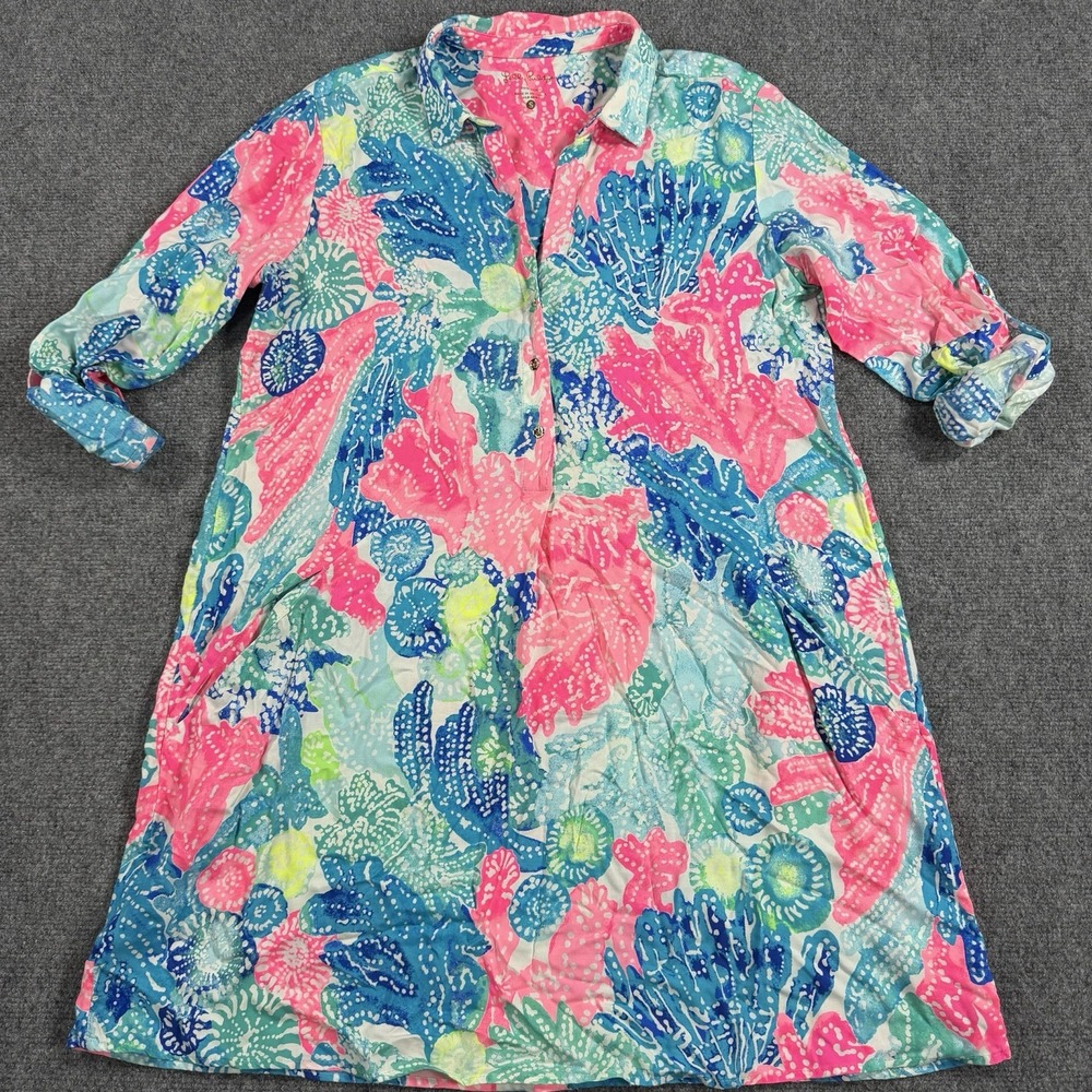 Lilly Pulitzer Killing Tunic Dress Womens Small Boho Batik Tropical Rayon Read